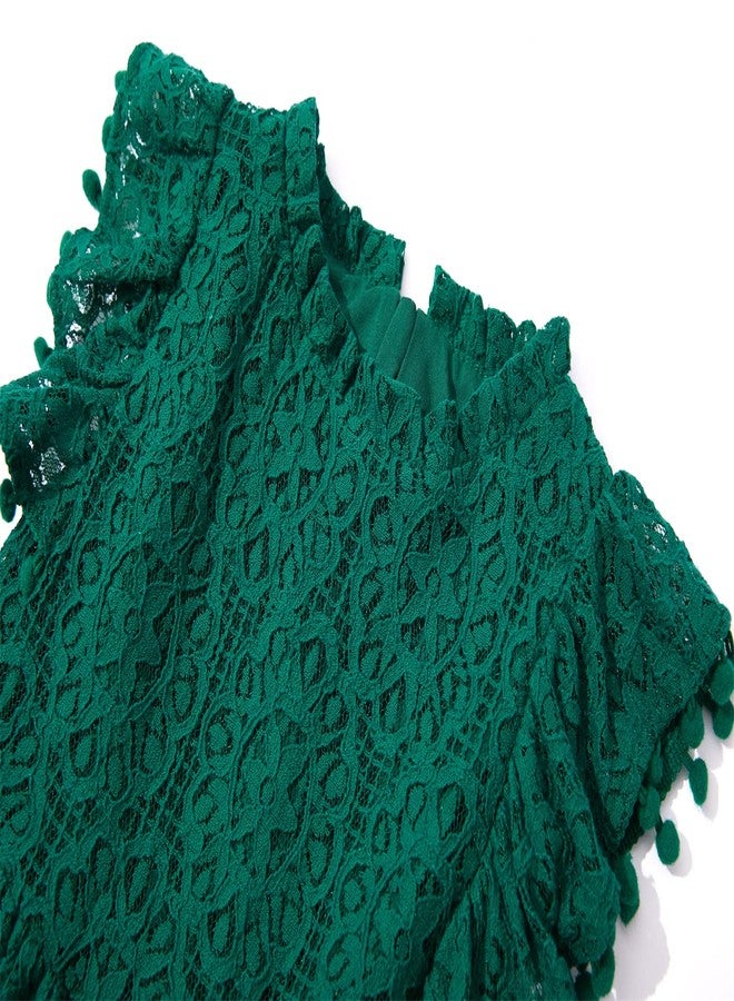 Niyage Toddler Girls Elegant Lace Pom Pom Flutter Sleeve Party Princess Dress Dark Green 140 - Image 3
